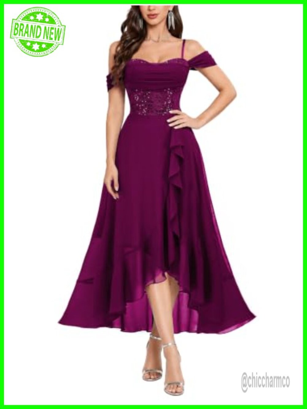 Off Shoulder Sequin Lace Ruffle High Low Bridesmaid Party Dress